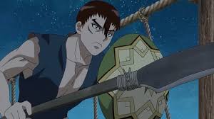 muscular man with brown hair wearing blue tank top and blue pants holding spear and green sheild