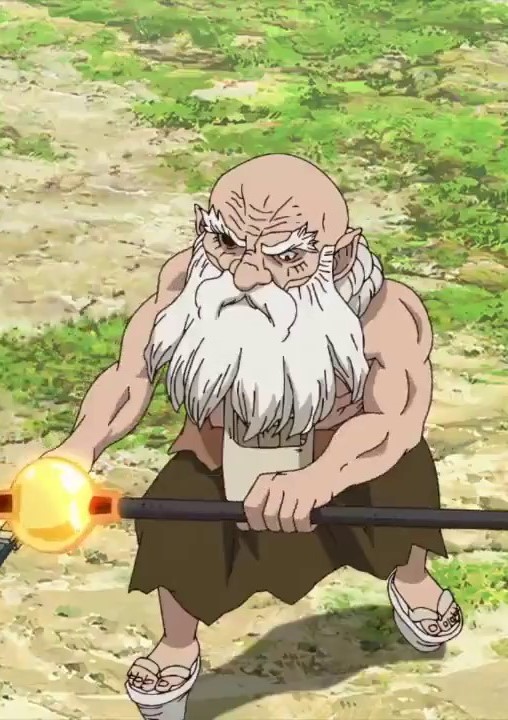 old bald man wearing brown skirt tied on hips using rope