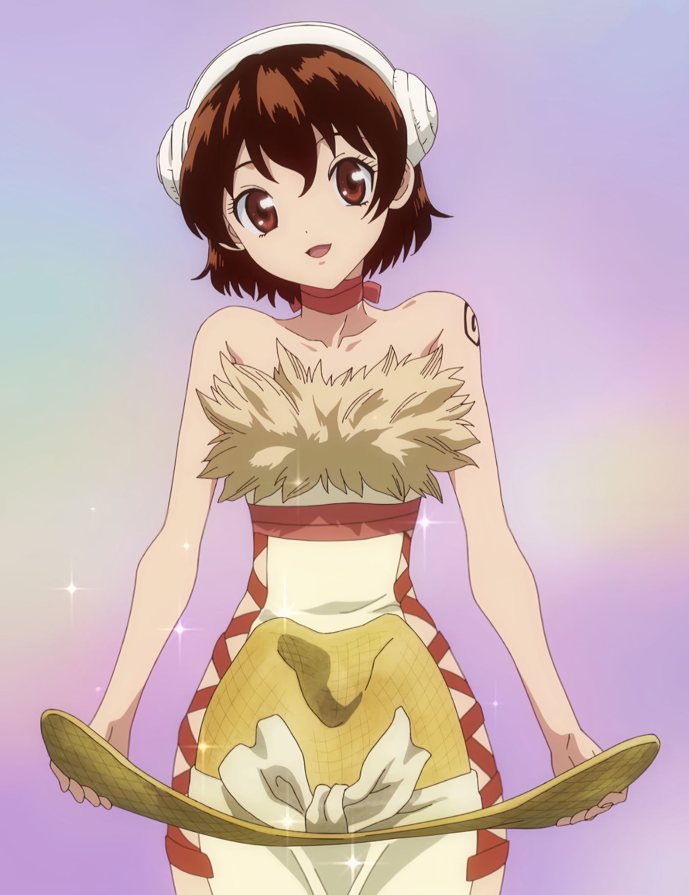 young woman with ear length brown hair wearing slim dress with ribbons tied on side